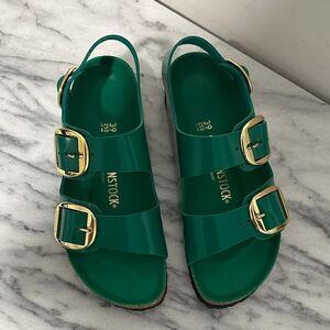Birkenstock Milano Green Sandals with Gold Buckles Sz 39